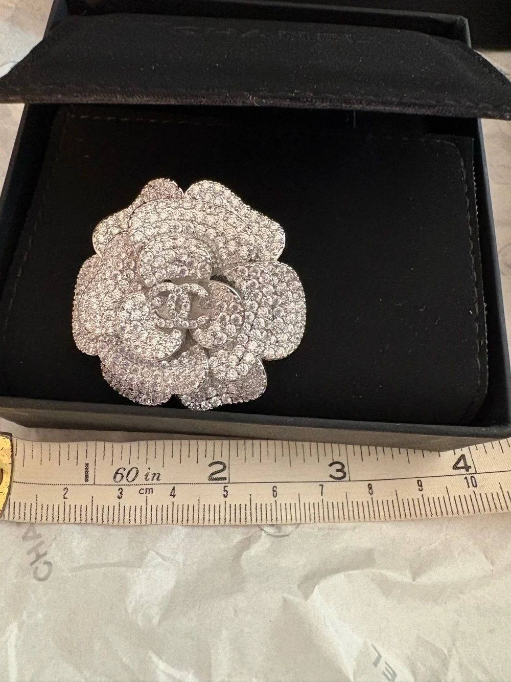 CHANEL Silver Crystal Camellia Brooch - Sparkling Silver